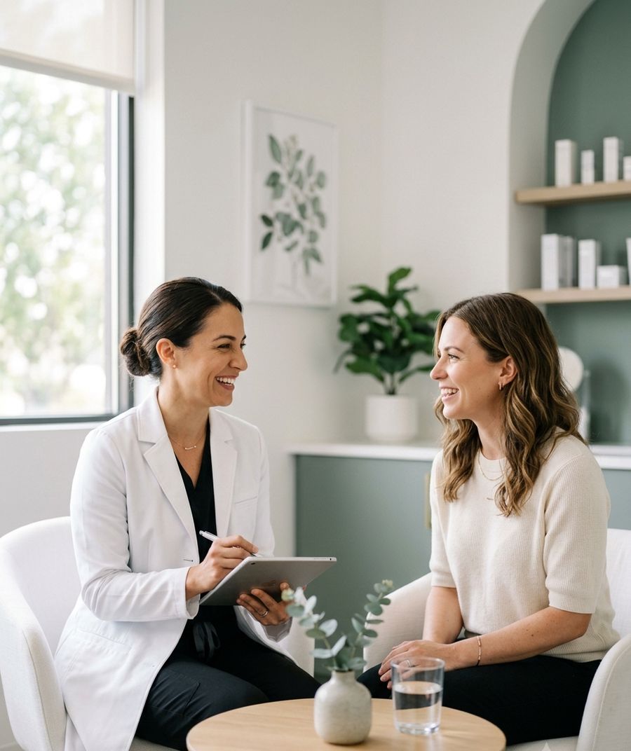 A practitioner and a client talking through treatment options in a clinic consultation room